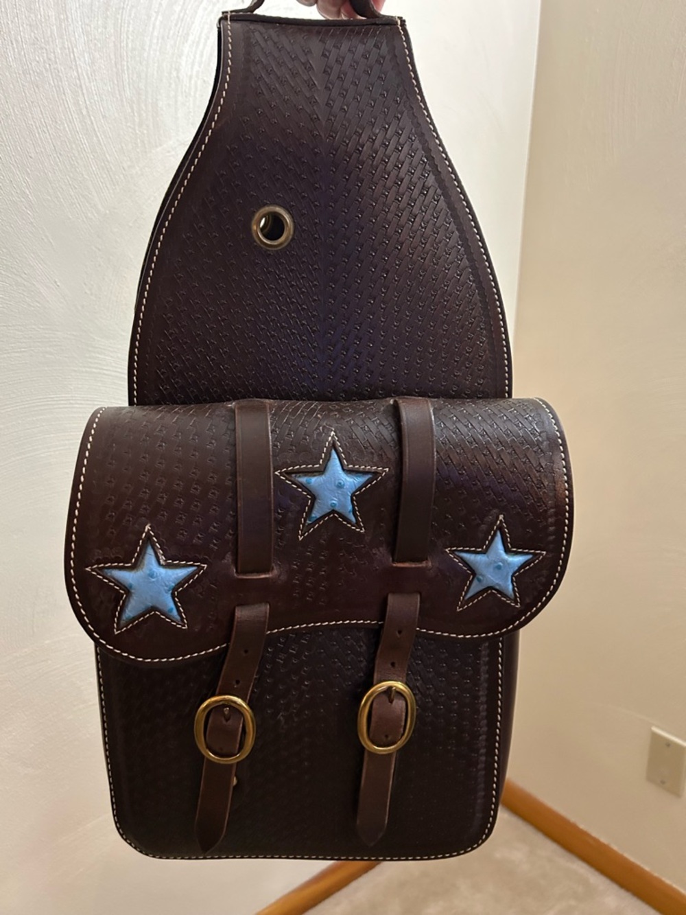 Leather Saddle Bags with Star Design & Gold Hardware 43” Long - Picture 2 of 6